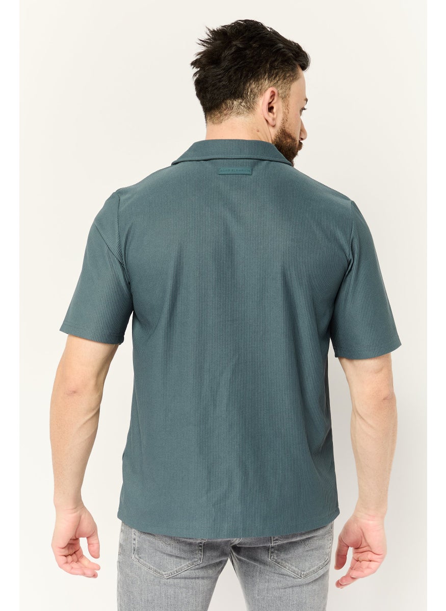 Core Elements Men Regular Fit Short Sleeve Ribbed Casual Shirts, Dark Slate Blue  - Image 2