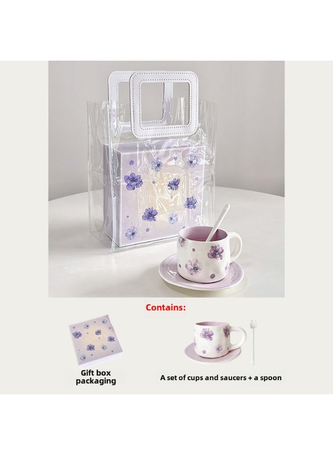 Elegant Hand-Painted Violet Ceramic Coffee Cup Set Gift Box: Violet (cup + dish + spoon, including Pearl cotton portable gift bag) 