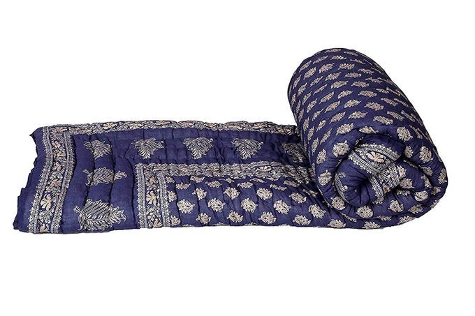 TRADITIONAL FAMOUS JAIPURI BEAUTIFUL FLORAL PRINT IN NEVY BLUE SILVER & GOLD JAIPURI RAJAI/RAZAI/QUILT KING SIZE/KING SIZE BED QUILT/COMFORTER/AC QUILT/AC COMFORTER