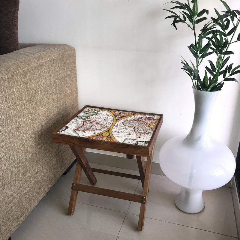 Nutcase Designer Teak Wood Side Table Folding Wooden Bedside Coffee Outdoor Picnic Table Vintage Map