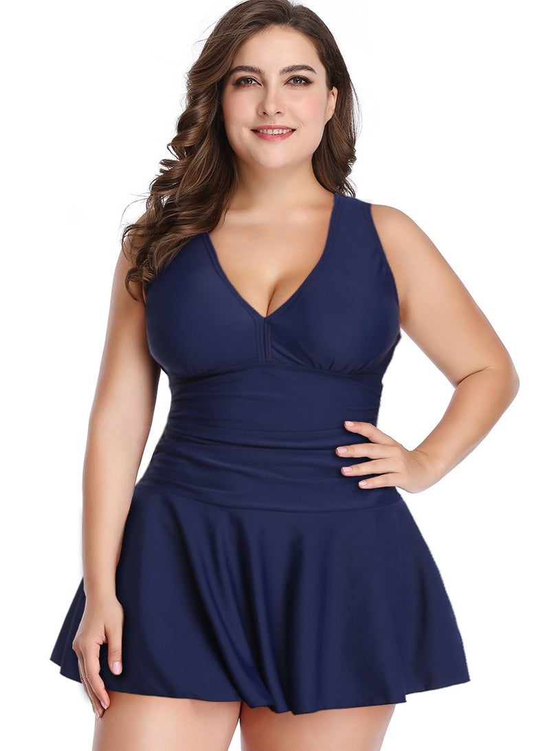 Womens 2 Peice Set Swimsuits Tummy Control V-Neck Wide Straps Swim Dress And Boxer Brief Swimwear Bathing Suits Dark Blue  - Image 1