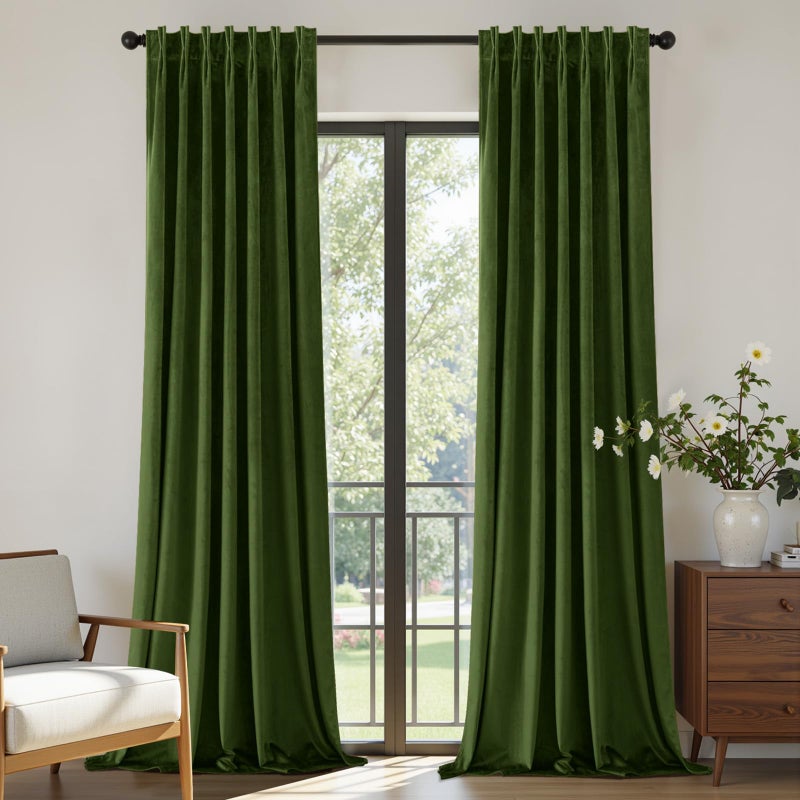 Joydeco Pinch Pleated Velvet Curtains 84 Inch Long 2 Panel Set,Green Curtains for Living Room Bedroom,Thermal Insulated Back Tab Blackout Luxury Drapes with Adjustable Hooks (40â€W x84â€L,Olive Green) - Image 2