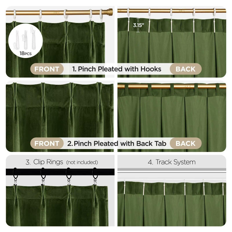 Joydeco Pinch Pleated Velvet Curtains 84 Inch Long 2 Panel Set,Green Curtains for Living Room Bedroom,Thermal Insulated Back Tab Blackout Luxury Drapes with Adjustable Hooks (40â€W x84â€L,Olive Green) - Image 5