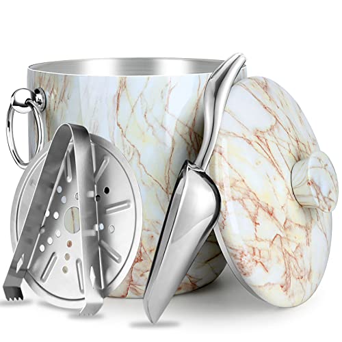 WENEGG Ice Bucket with Lid, Scoop, Tongs and Strainer - Well Made Insulated Stainless Steel Keep Ice Frozen Longer - Ideal for Cocktail Bar, Parties, Chilling Wine, Champagne - 3 Liter (CarraraMarble) - Image 1