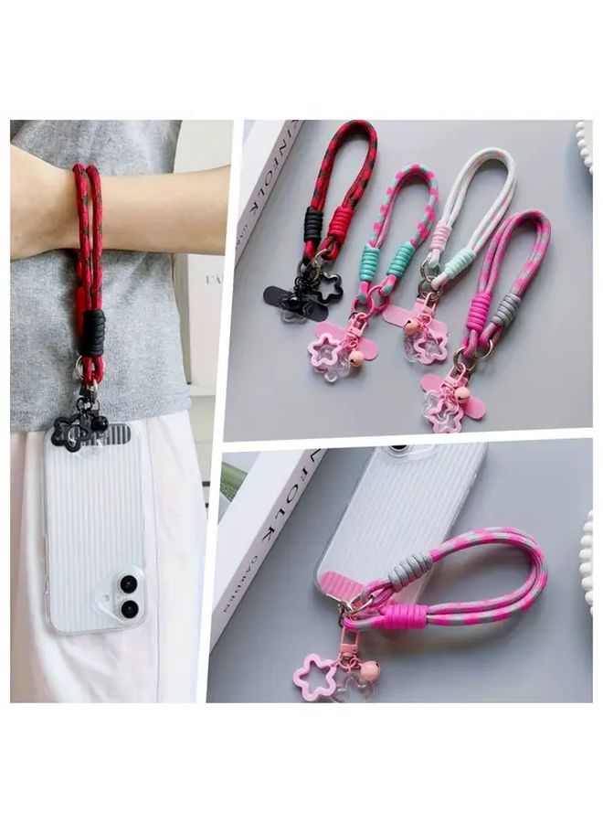Pink Gray Plaid Phone Lanyard with Star Pendant and Card Anti Loss Strap - Image 1