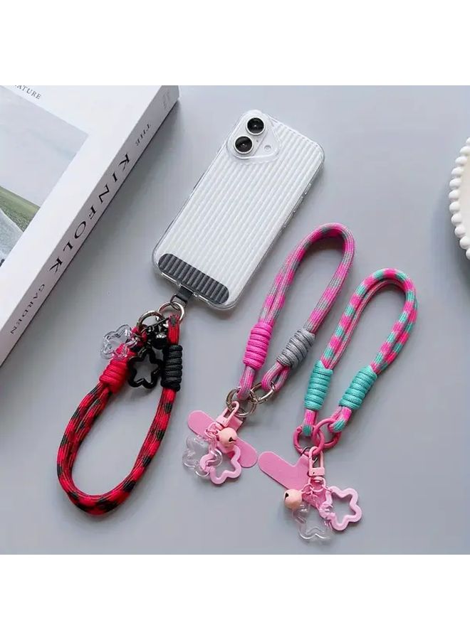 Pink Gray Plaid Phone Lanyard with Star Pendant and Card Anti Loss Strap - Image 2