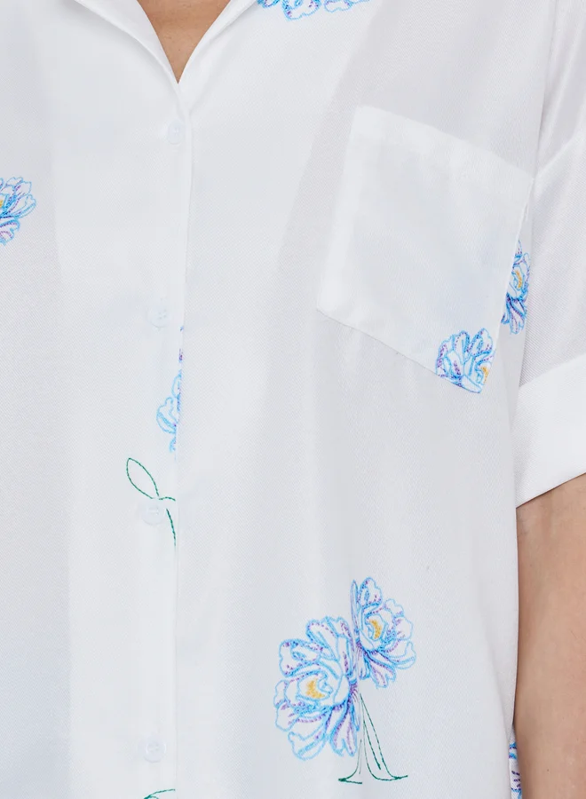 Take Two Take Two Floral Print Short Sleeve Oversized Shirt