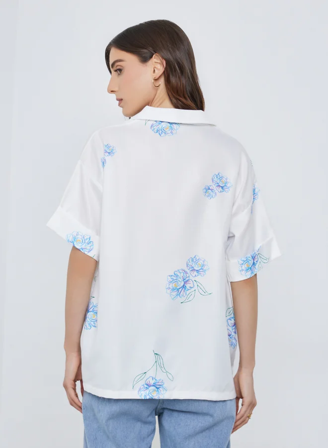 Take Two Take Two Floral Print Short Sleeve Oversized Shirt