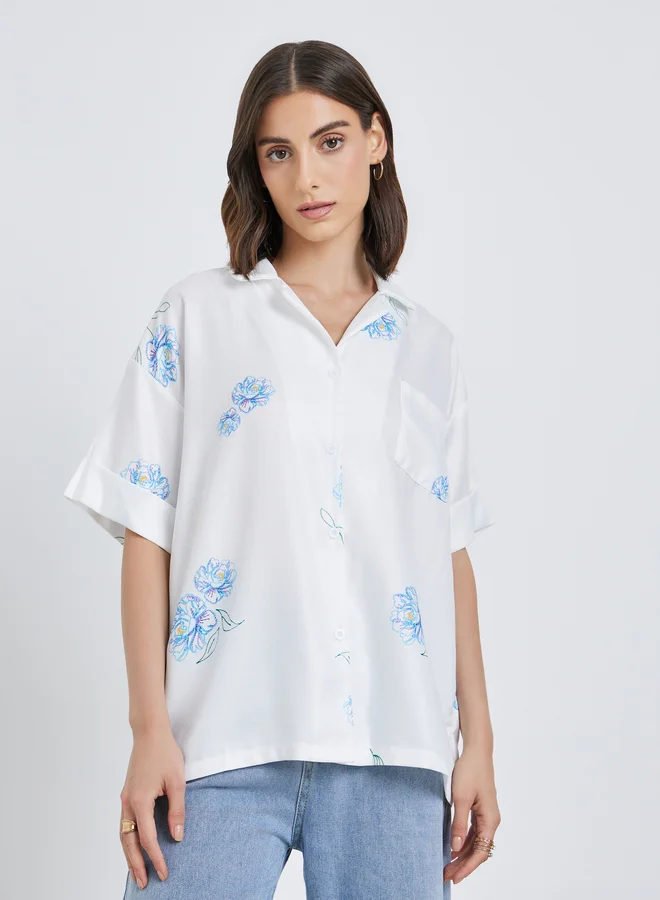 تايك تو Take Two Floral Print Short Sleeve Oversized Shirt