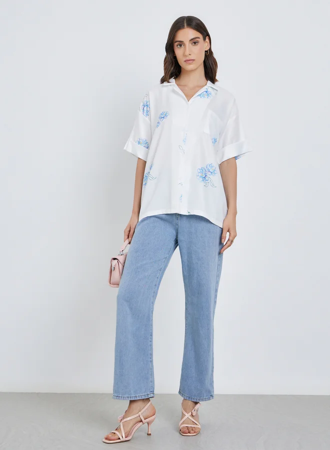 تايك تو Take Two Floral Print Short Sleeve Oversized Shirt