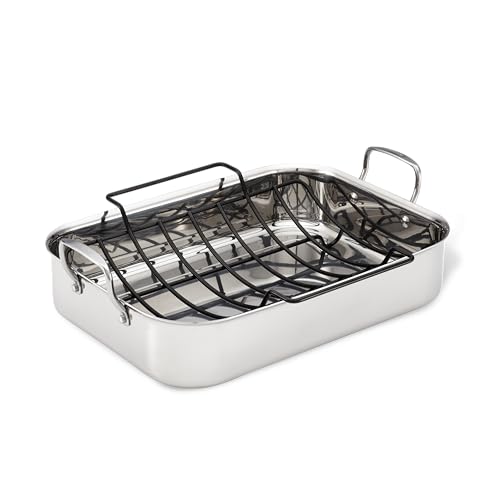 Anolon Triply Clad Stainless Steel Roaster / Roasting Pan with Rack - 17 Inch x 12.5 Inch, Silver - Image 1