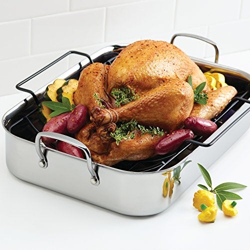 Anolon Triply Clad Stainless Steel Roaster / Roasting Pan with Rack - 17 Inch x 12.5 Inch, Silver - Image 2