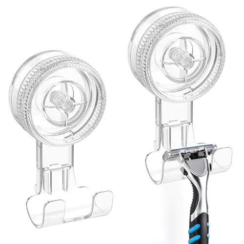 LUXEAR Suction Hooks, 2 Pack Razor Hooks Removable & Reusable Suction Shower Hook Waterproof Powerful Vacuum Suction Hanger for Towel Bathrobe Loofah Bathroom Kitchen Storage Hooks Weather Hanger Hook - Image 1