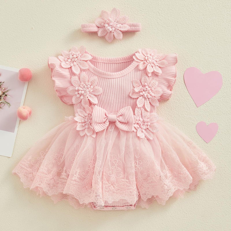 ZAXARRA Infant Baby Girl Lace Romper Baby Tulle Dress Romper Flowers Bodysuit Spring Summer Festival Clothes with Headband (Pink, 3-6 Months) - Image 2