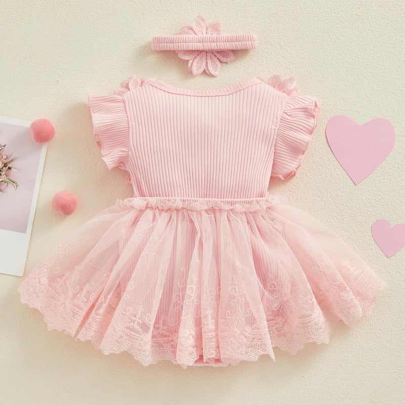 ZAXARRA Infant Baby Girl Lace Romper Baby Tulle Dress Romper Flowers Bodysuit Spring Summer Festival Clothes with Headband (Pink, 3-6 Months) - Image 3