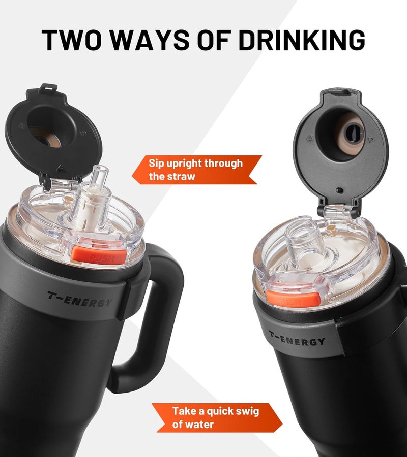 TKK 40 oz Insulated Tumblers with Handle and Straw, Stainless Steel Travel Mug with Ceramic Coating, Leak Proof Double Walled Iced Coffee Cup with Strainer for Hot & Cold Drinks, Black - Image 3