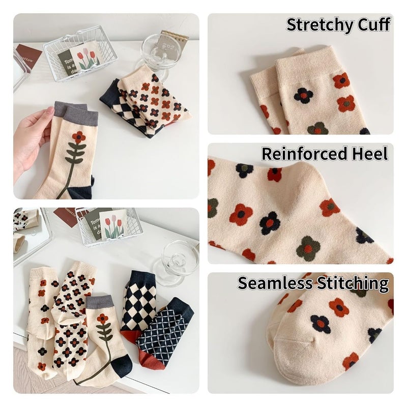 FORJMMP 5/10 Pairs Cute Floral Socks, Cottagecore Crew socks, Smiley Face Colorful Socks for Women Girls (Set B-5 Pairs) - Image 5