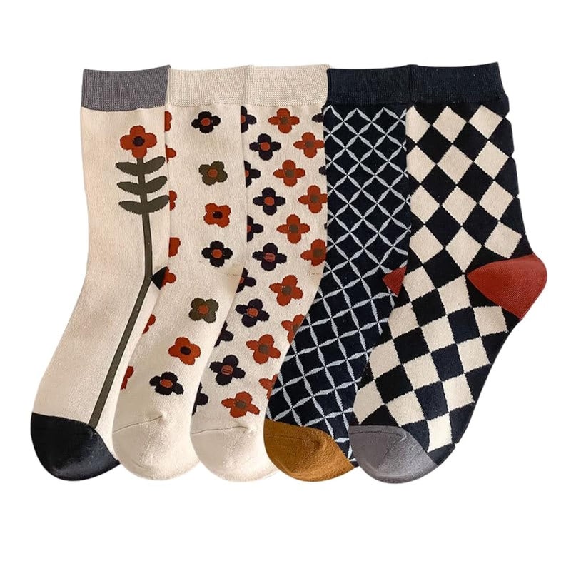 FORJMMP 5/10 Pairs Cute Floral Socks, Cottagecore Crew socks, Smiley Face Colorful Socks for Women Girls (Set B-5 Pairs) - Image 1