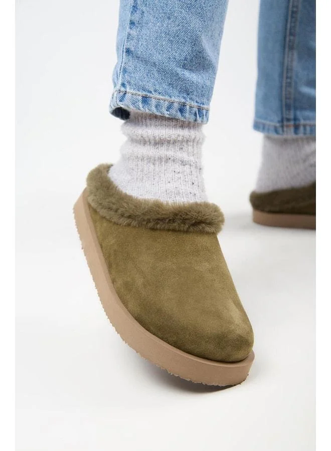 (Jana Kürklü) Women's Genuine Leather Flat Platform Khaki Slippers.