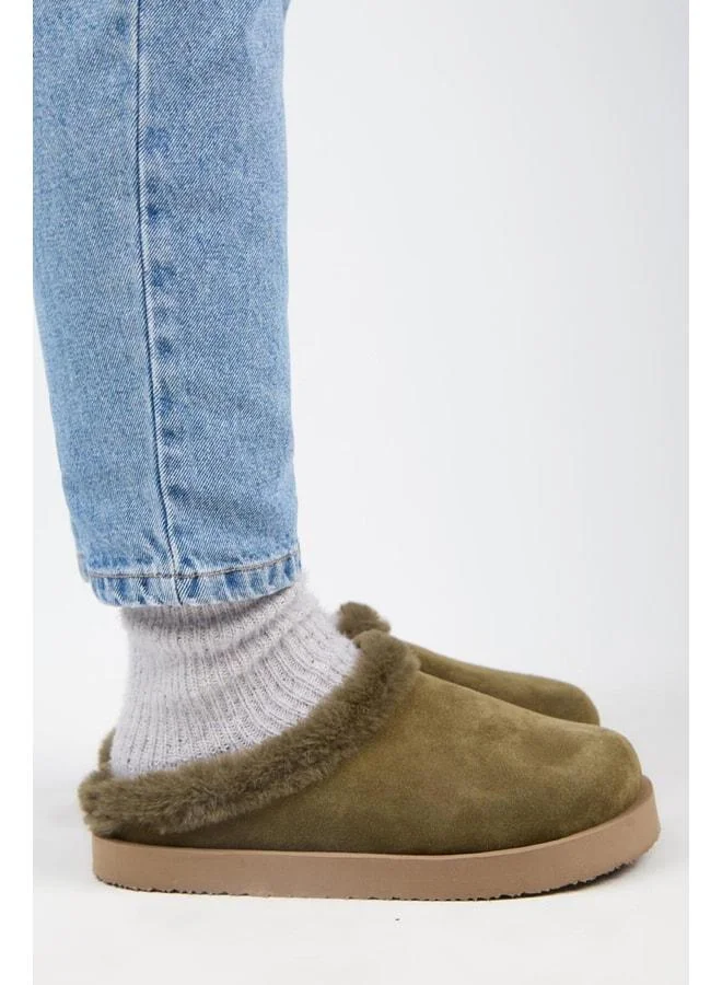 Manijero  (Jana Kürklü) Women's Genuine Leather Flat Platform Khaki Slippers. for Women | Best Price UAE