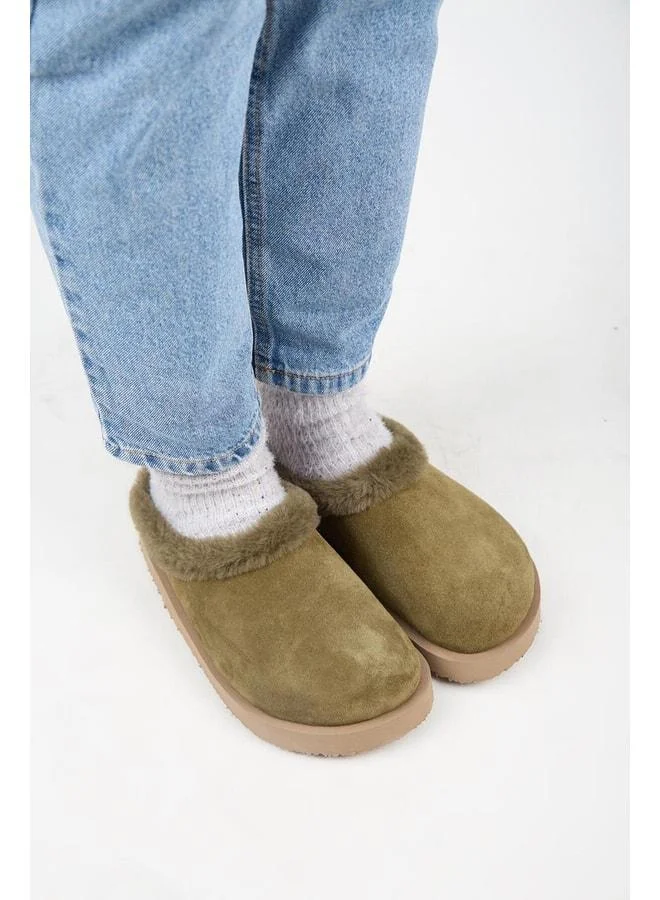 Manijero  (Jana Kürklü) Women's Genuine Leather Flat Platform Khaki Slippers. for Women | Best Price UAE