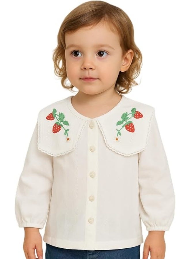 Smarties AE Girls White Cotton Dress with Strawberry Embroidery | Long Sleeve Button-Down Casual Dress for Toddlers (Ages 3-4 Years | 100% Soft Cotton - Image 1