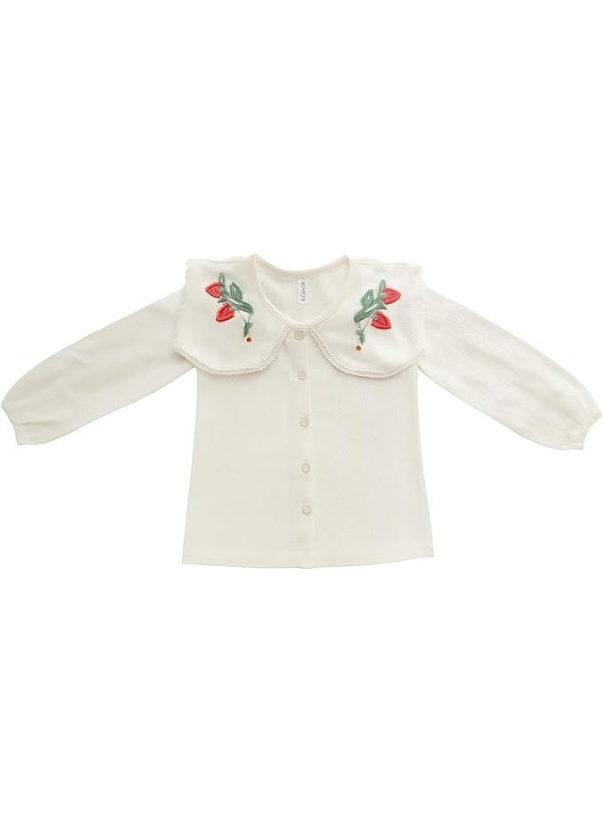 Smarties AE Girls White Cotton Dress with Strawberry Embroidery | Long Sleeve Button-Down Casual Dress for Toddlers (Ages 3-4 Years | 100% Soft Cotton - Image 4