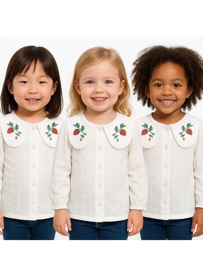 Smarties AE Girls White Cotton Dress with Strawberry Embroidery | Long Sleeve Button-Down Casual Dress for Toddlers (Ages 3-4 Years | 100% Soft Cotton - Image 2