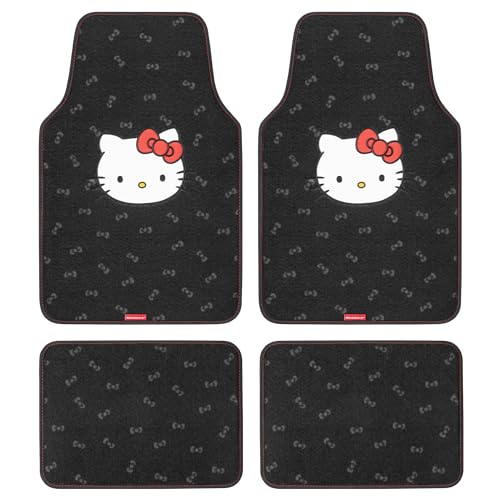 Carbella Hello Kitty Carpet Car Floor Mats Universal Fit for Cars SUVs Trucks Black with Red Bow Hello Kitty Print Front Rear Set 4 Piece Car Accessories - Image 1