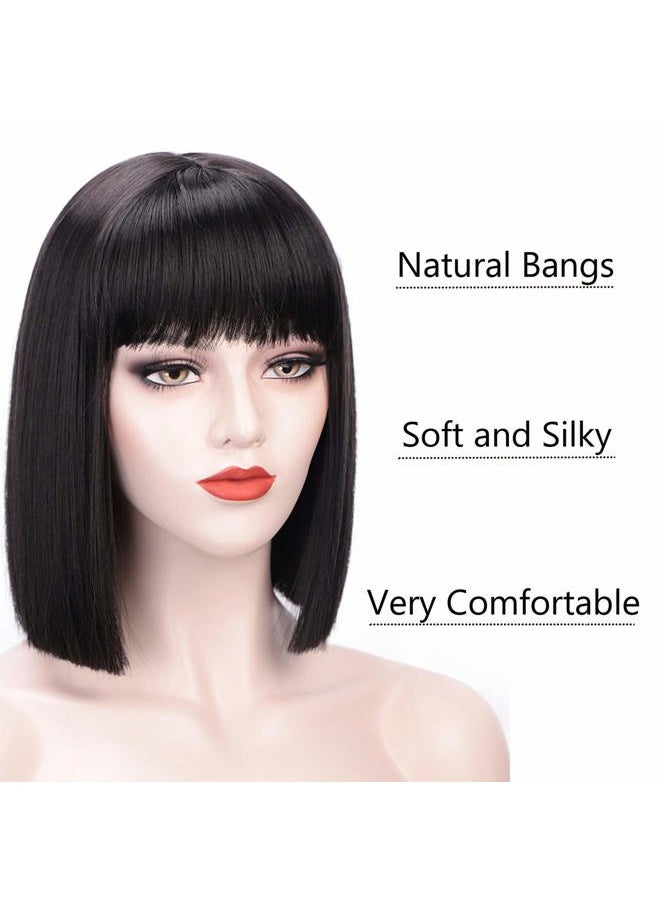 Juziviee - Short Black Wigs for Women Costume 12'' Black Bob Wig with Bangs Cute Natural Soft Hair Wigs for Daily Party AD016BK1 - Image 1