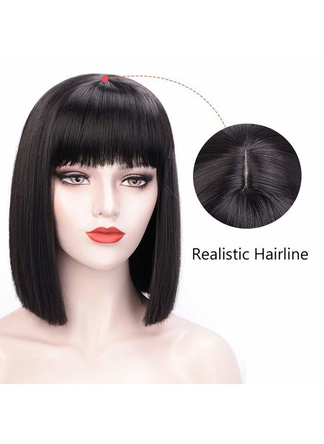 Juziviee - Short Black Wigs for Women Costume 12'' Black Bob Wig with Bangs Cute Natural Soft Hair Wigs for Daily Party AD016BK1 - Image 1