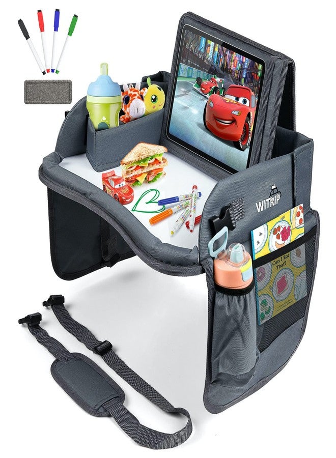 WITRIP Kids Travel Tray with Dry Erase Board - Car Seat Tray for Kids Travel, Carseat Table Top for Toddler, Lap Desk for Car Seat, Activity Organizer & Snack Holder, Road Trip Essentials for Kid (Gray) - Image 1