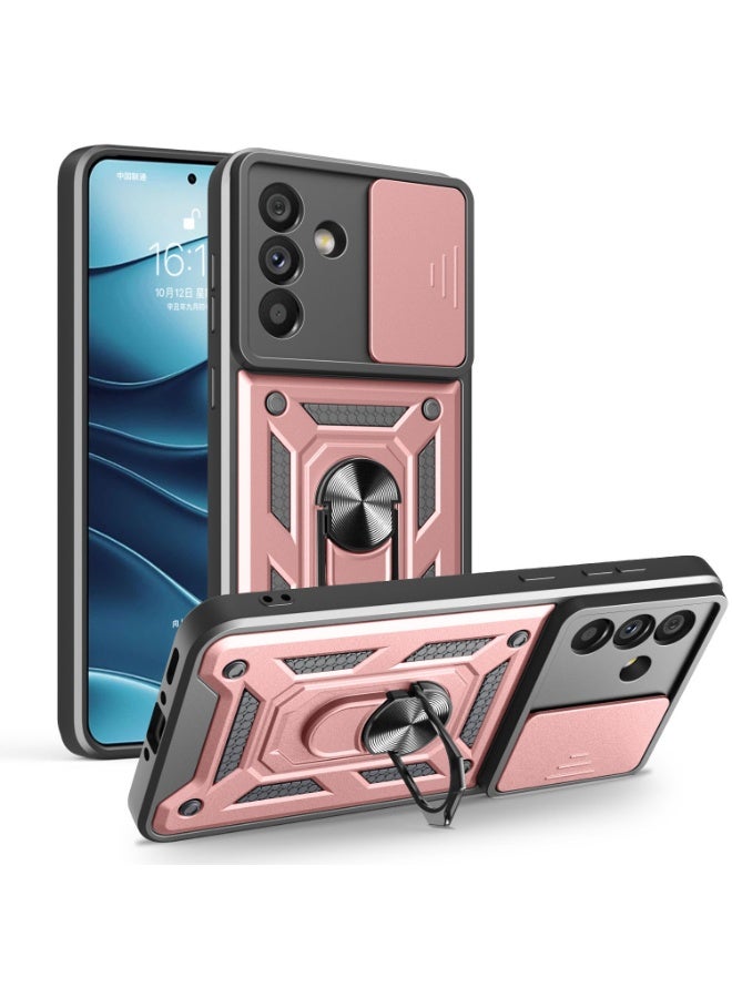 Shunjia Sliding Window Case, Shockproof Rugged Armor with Sliding Camera Cover & 360° Ring Kickstand, Compatible with Samsung Galaxy A56 (Rose Gold)