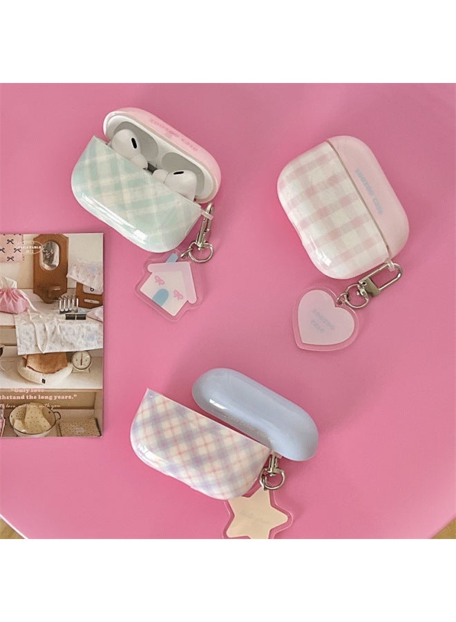Loquat Ins Korean Style Pattern Point Airpods Protective Cover 2 For Apple Wireless Bluetooth 3 Generation Pro2 Headset Cover For Women-Color:Powder Pair Powder Plaid Earphone Case Powder Love Pendant-Appl  - Image 2
