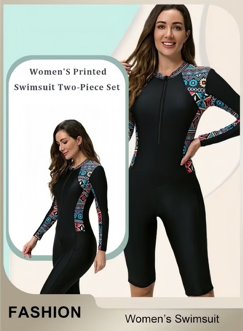 Women's Long Sleeve Rash Guard Swimsuit, Zip Front Tummy Control Wetsuit For Swimming Surfing Beach - Image 1