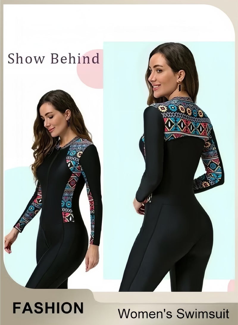 Women's Long Sleeve Rash Guard Swimsuit, Zip Front Tummy Control Wetsuit For Swimming Surfing Beach - Image 5