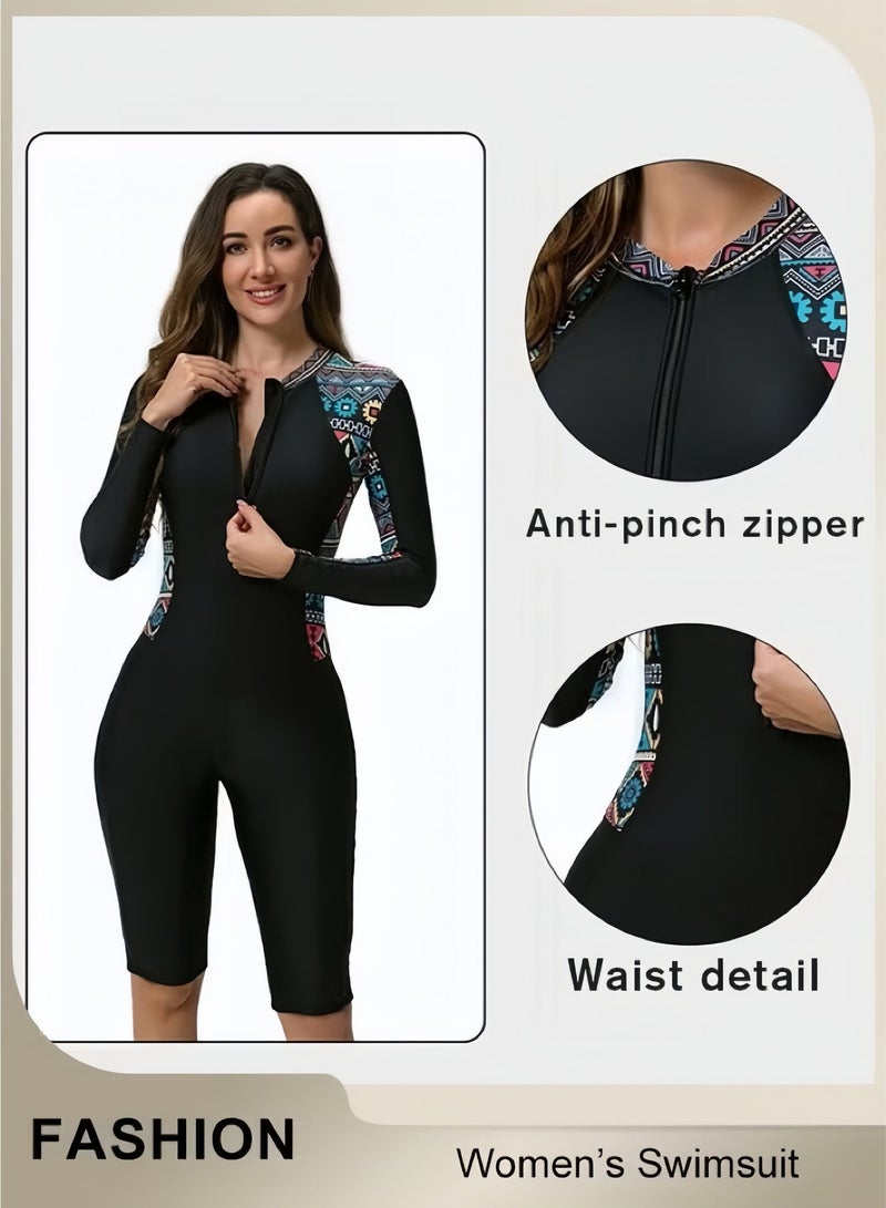 Women's Long Sleeve Rash Guard Swimsuit, Zip Front Tummy Control Wetsuit For Swimming Surfing Beach - Image 2