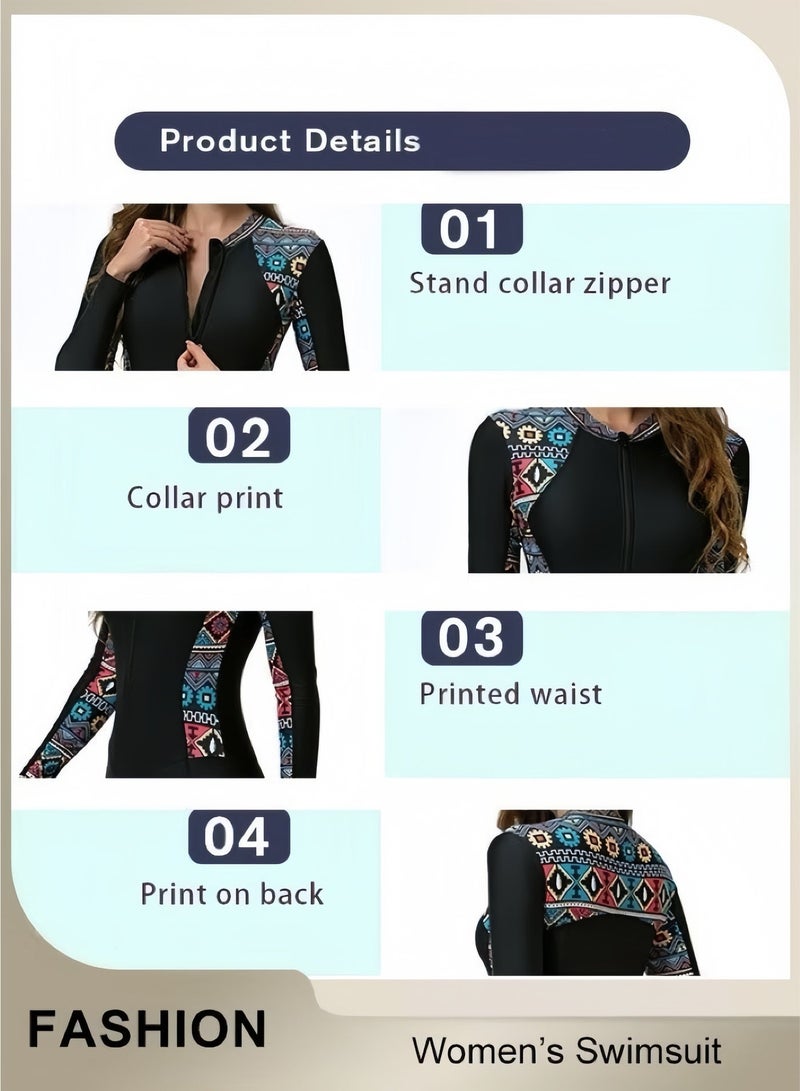 Women's Long Sleeve Rash Guard Swimsuit, Zip Front Tummy Control Wetsuit For Swimming Surfing Beach - Image 3
