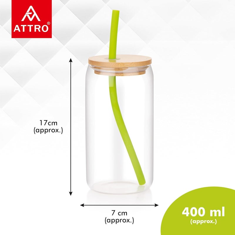 ATTRO 400ml Drinking Glass with Wooden Lid Silicone Straw Travel Sipper Tumbler Ideal for Juices Smoothies Cocktails Durable Leak Proof Glass for On The Go - Image 5