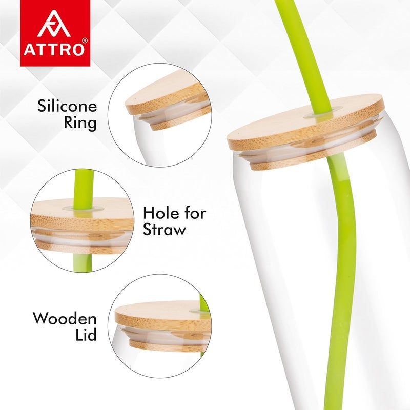 ATTRO 400ml Drinking Glass with Wooden Lid Silicone Straw Travel Sipper Tumbler Ideal for Juices Smoothies Cocktails Durable Leak Proof Glass for On The Go - Image 3