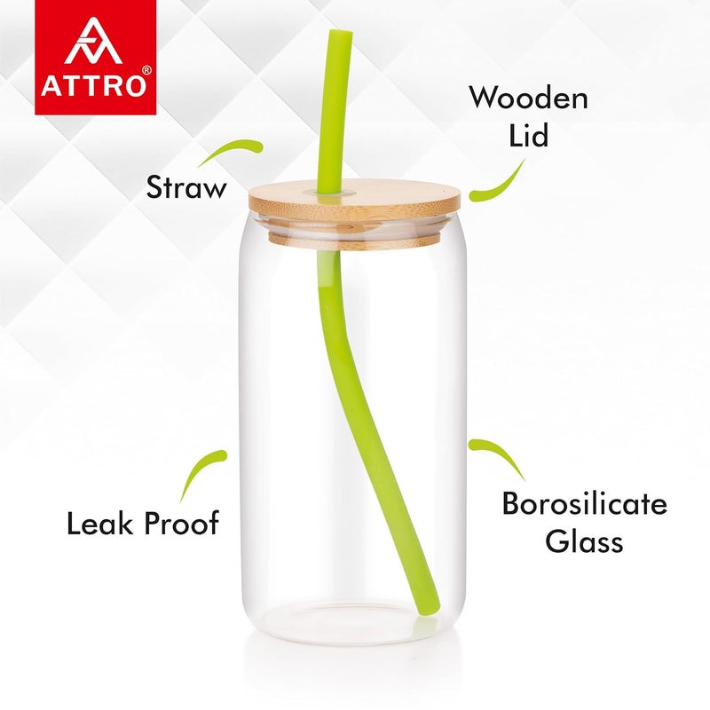 ATTRO 400ml Drinking Glass with Wooden Lid Silicone Straw Travel Sipper Tumbler Ideal for Juices Smoothies Cocktails Durable Leak Proof Glass for On The Go - Image 2