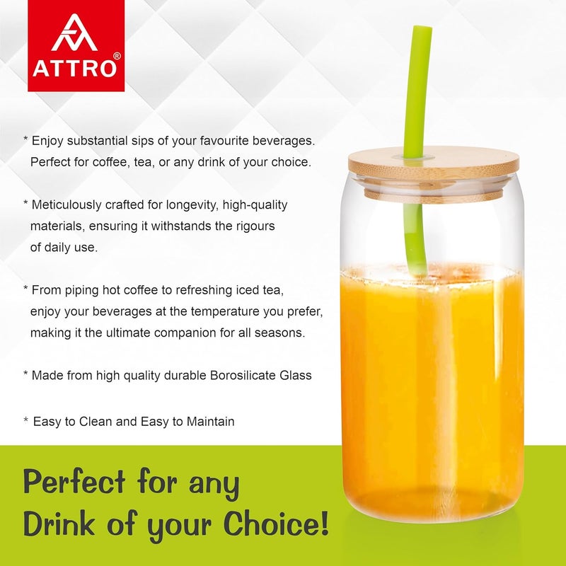 ATTRO 400ml Drinking Glass with Wooden Lid Silicone Straw Travel Sipper Tumbler Ideal for Juices Smoothies Cocktails Durable Leak Proof Glass for On The Go - Image 4