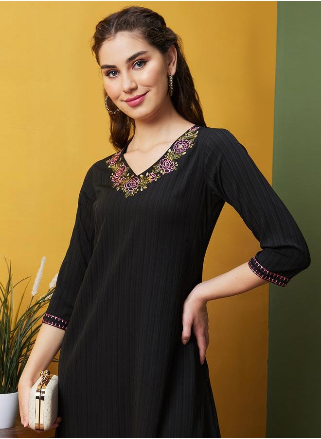 globus - Embroidered V-Neck A-Line Kurta by Styli - Image 1
