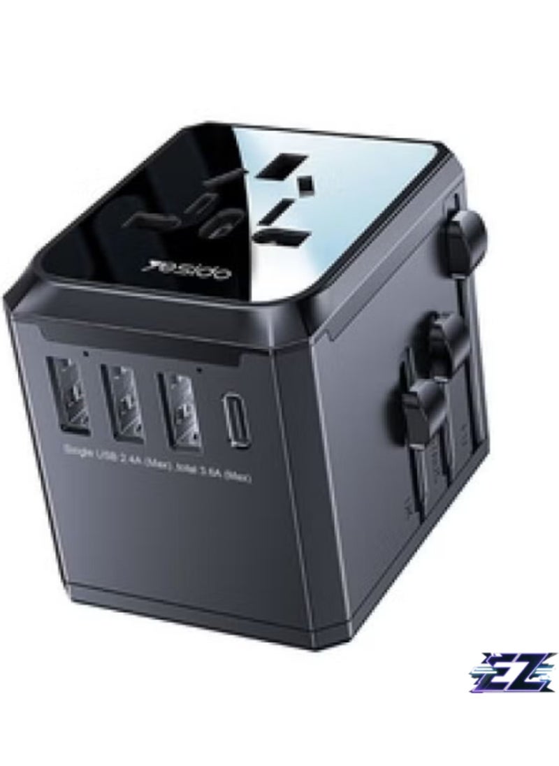 ELTRAZONE 3 USB + 1 USB-C Port Universal Travel Adapter – Worldwide Compatibility, Fast Charging, Compact & Portable (Black)  - Image 1