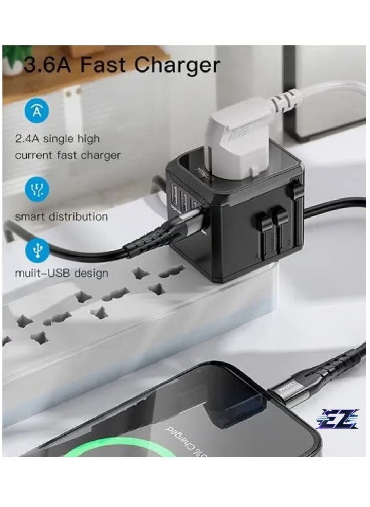 ELTRAZONE 3 USB + 1 USB-C Port Universal Travel Adapter – Worldwide Compatibility, Fast Charging, Compact & Portable (Black)  - Image 2