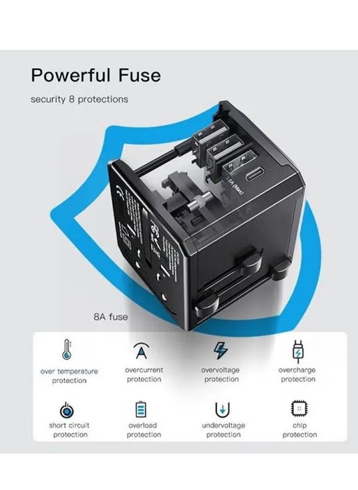 ELTRAZONE 3 USB + 1 USB-C Port Universal Travel Adapter – Worldwide Compatibility, Fast Charging, Compact & Portable (Black)  - Image 3