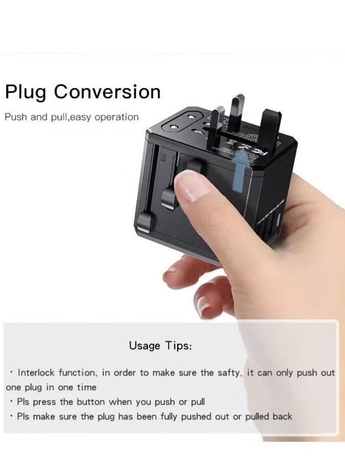 ELTRAZONE 3 USB + 1 USB-C Port Universal Travel Adapter – Worldwide Compatibility, Fast Charging, Compact & Portable (Black)  - Image 4