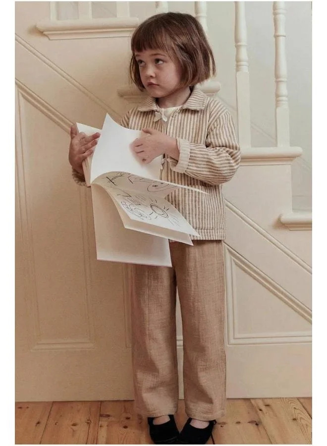 Magu Girls' Cotton Beige Striped Jacket 3-Piece Set