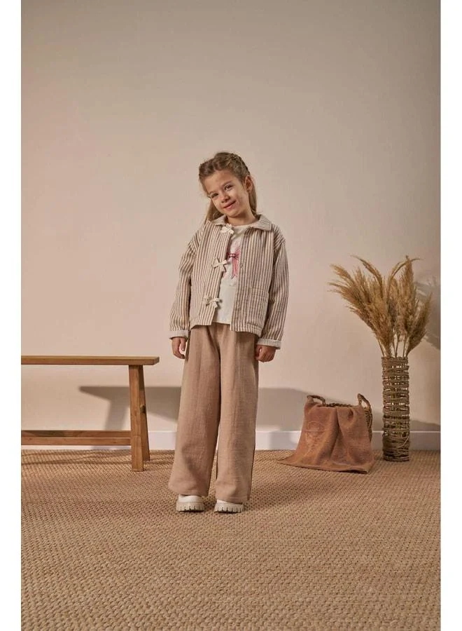 Magu Girls' Cotton Beige Striped Jacket 3-Piece Set