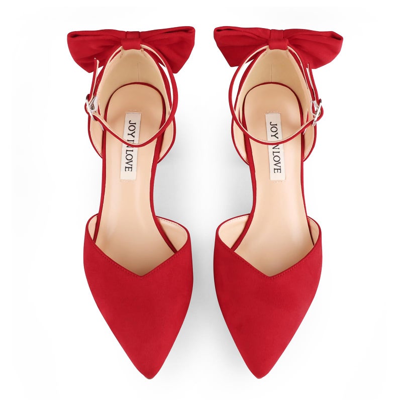 JOY IN LOVE Women's Pumps Kitten Bow Heels Closed Pointed Toe Sandals Ankle Strap Dress Shoes Red Suede US6.5 - Image 5